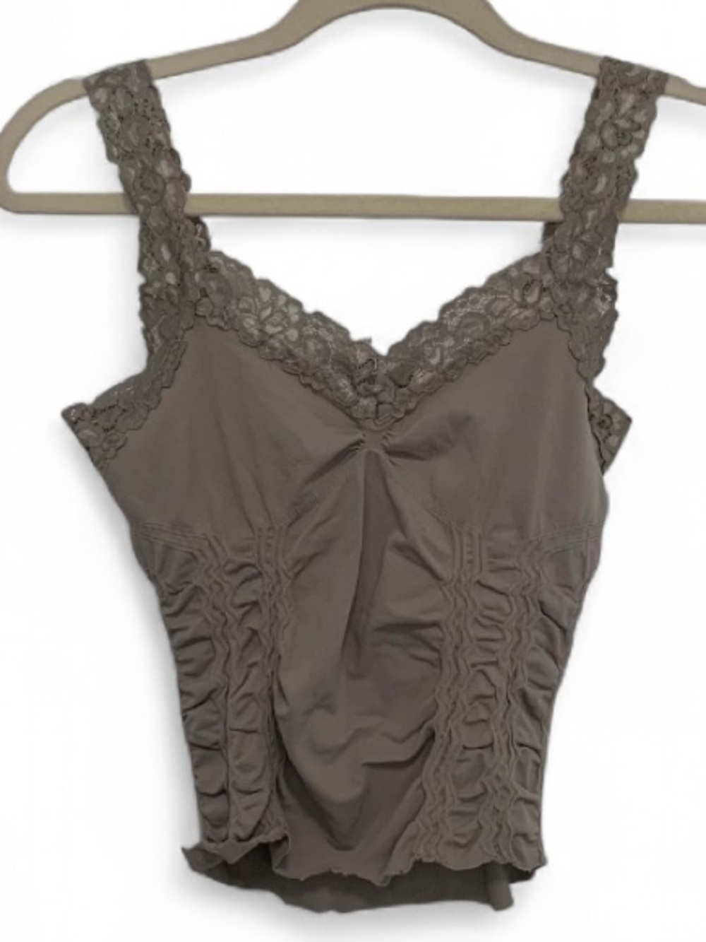 M Rena Lace-Trim Ruched Cropped Tank Top in Gray